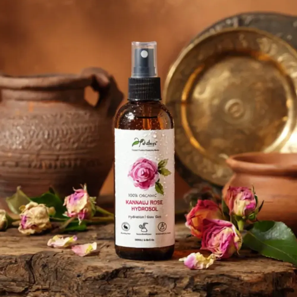 Kannauj rose hydrosol displayed with fresh rose petals Kannauj rose hydrosol displayed with fresh rose petals